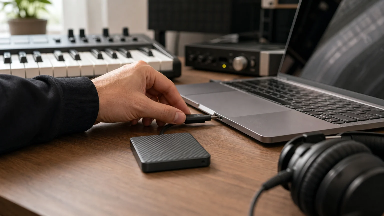 A producer connects an external SSD to a laptop in a music workspace.