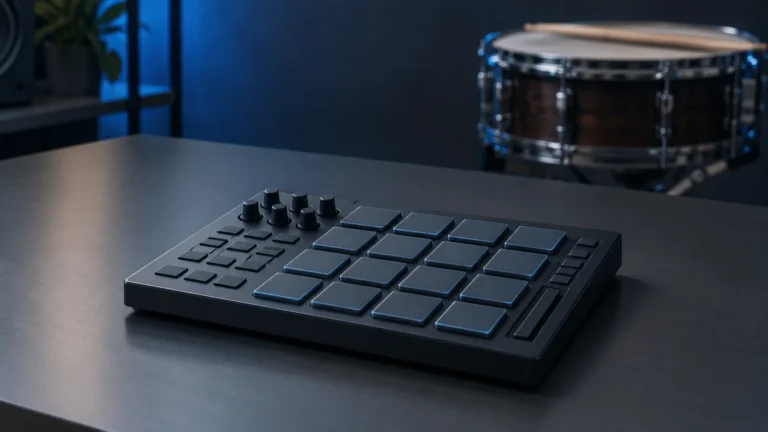 A generic MIDI drum pad controller in a compact music production studio, with an acoustic snare softly out of focus behind it.