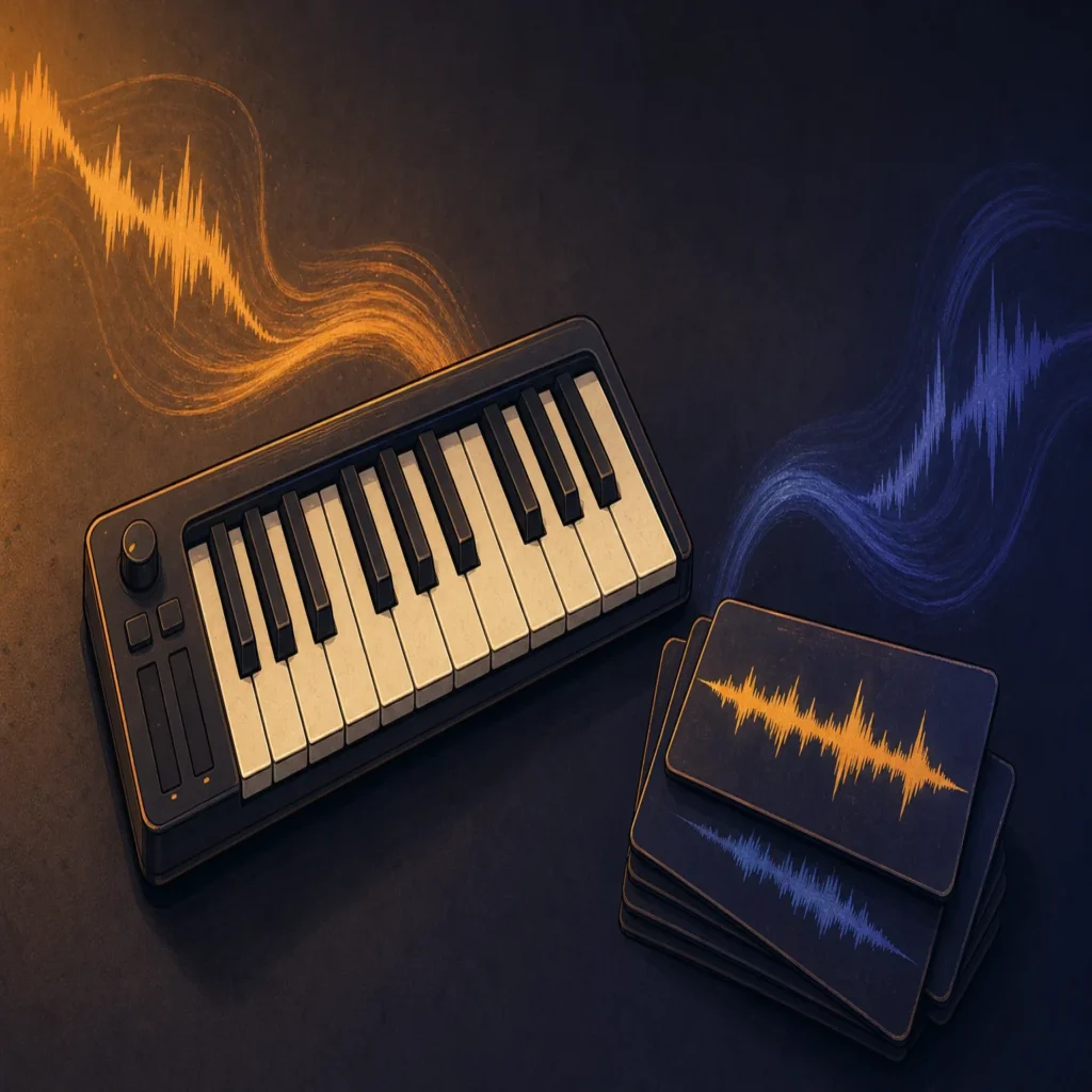 A MIDI keyboard beside abstract waveform cards representing sample library workflows