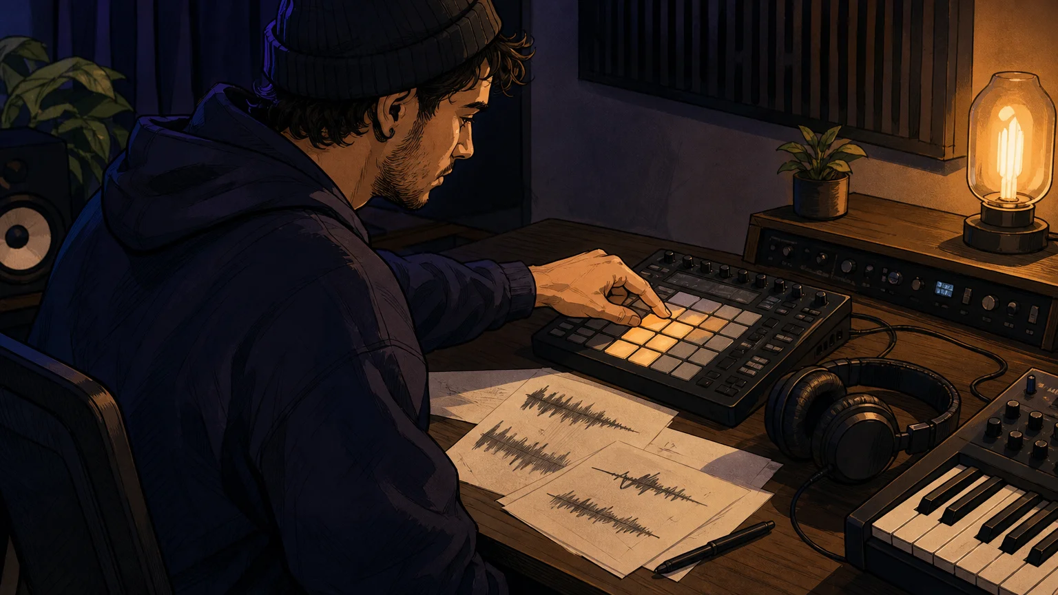 A producer selecting a sample on a pad controller beside headphones and a MIDI keyboard
