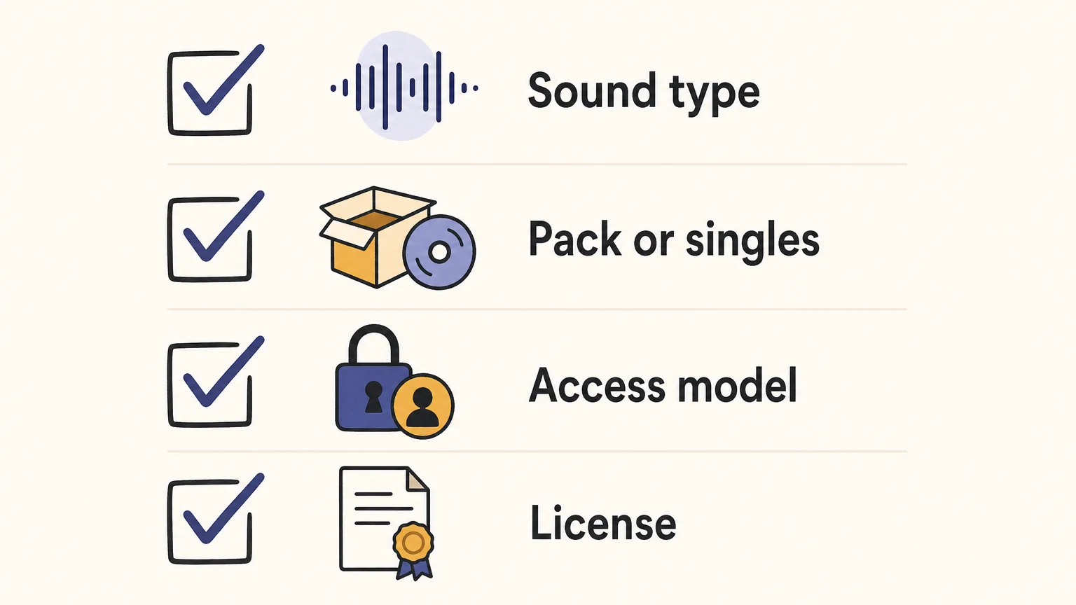 A four item checklist for sound type, pack format, access model and licensing