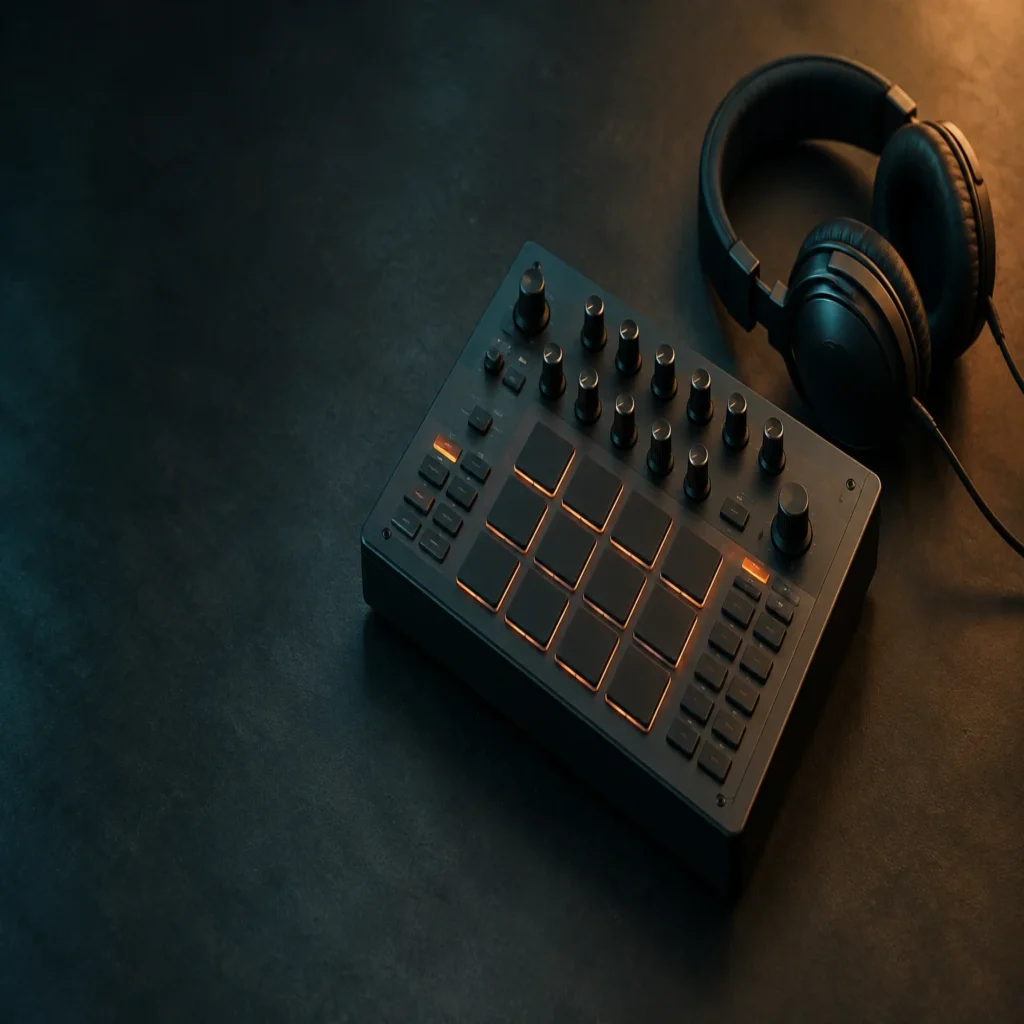 An unbranded electronic drum machine and headphones on a dark studio surface