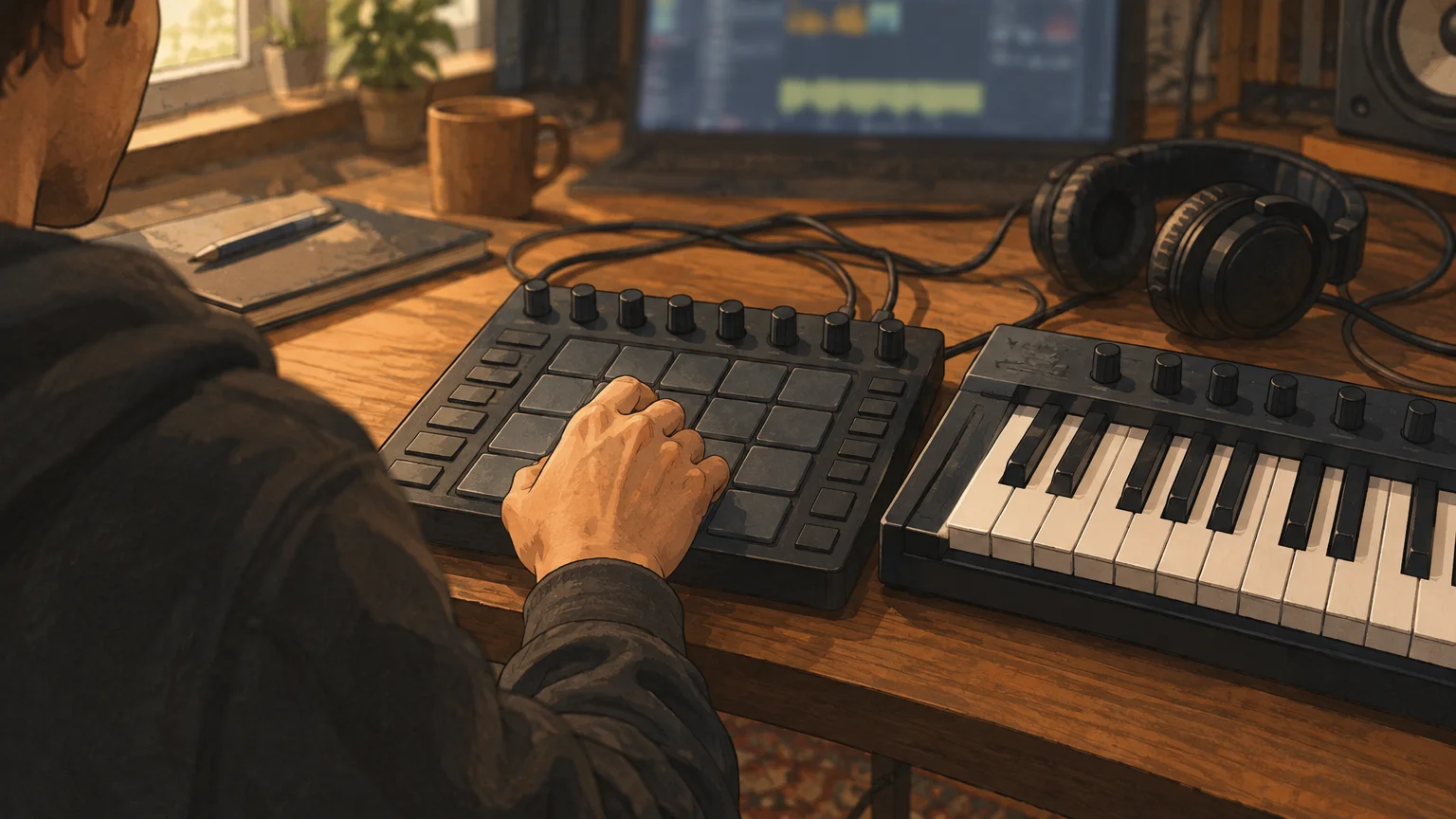A producer taps an unbranded drum pad beside a MIDI keyboard in a studio