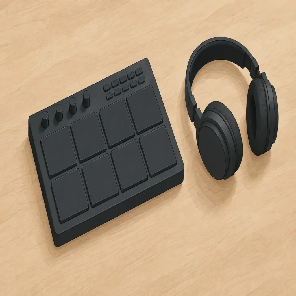 Unbranded electronic drum pad controller and headphones on a neutral tabletop