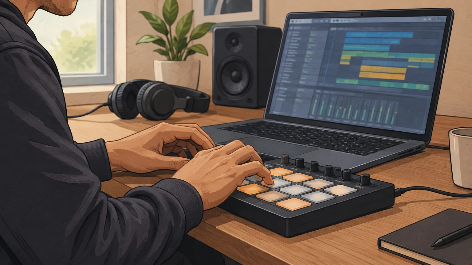 Producer’s hands programming a beat on an unbranded MIDI pad controller
