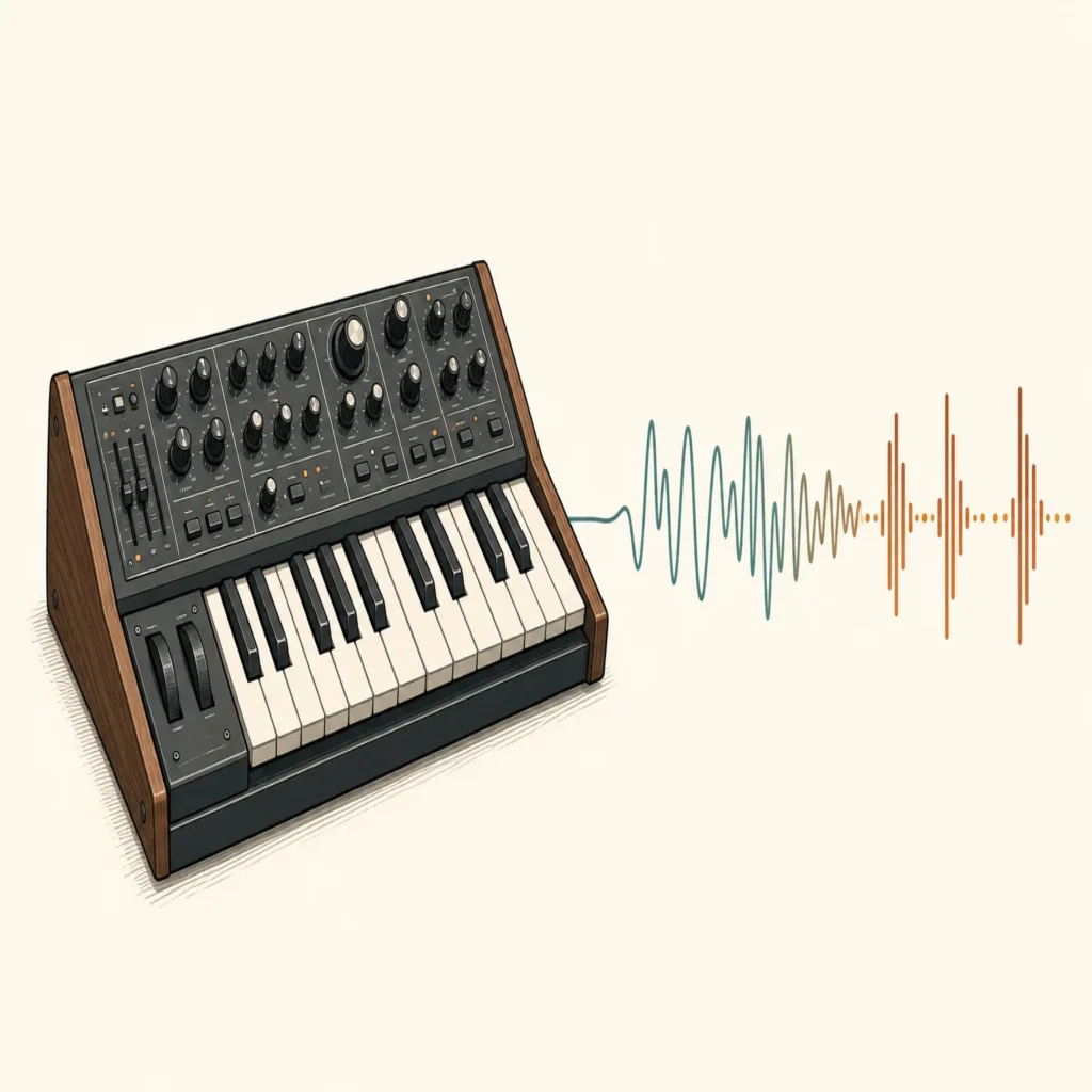 Editorial illustration of a synthesizer module and a single soundwave representing preset-based beatmaking.