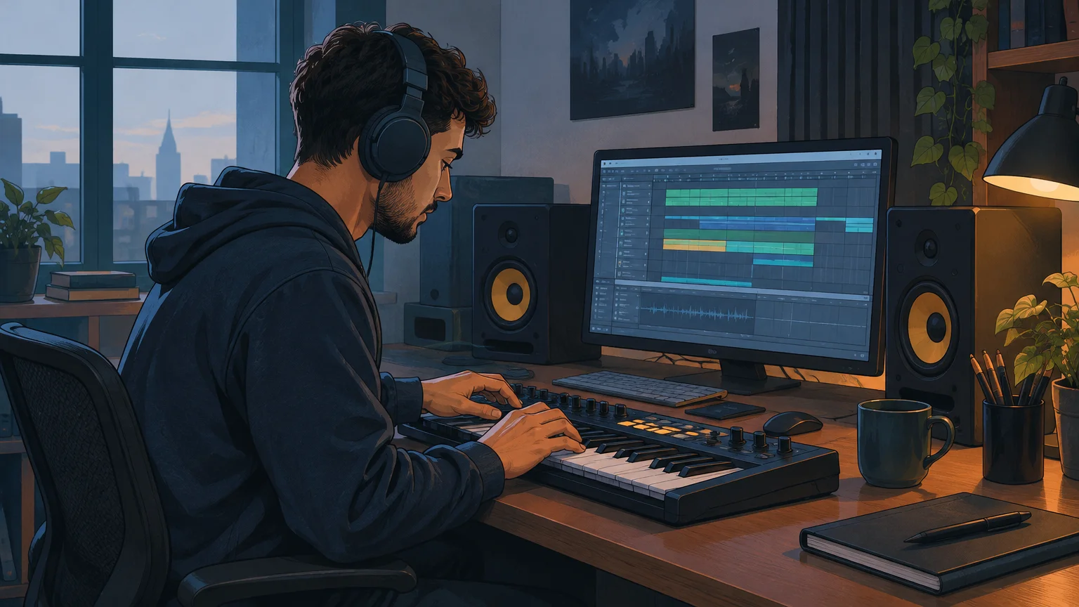 A producer auditioning a sound on a MIDI keyboard in a home studio.