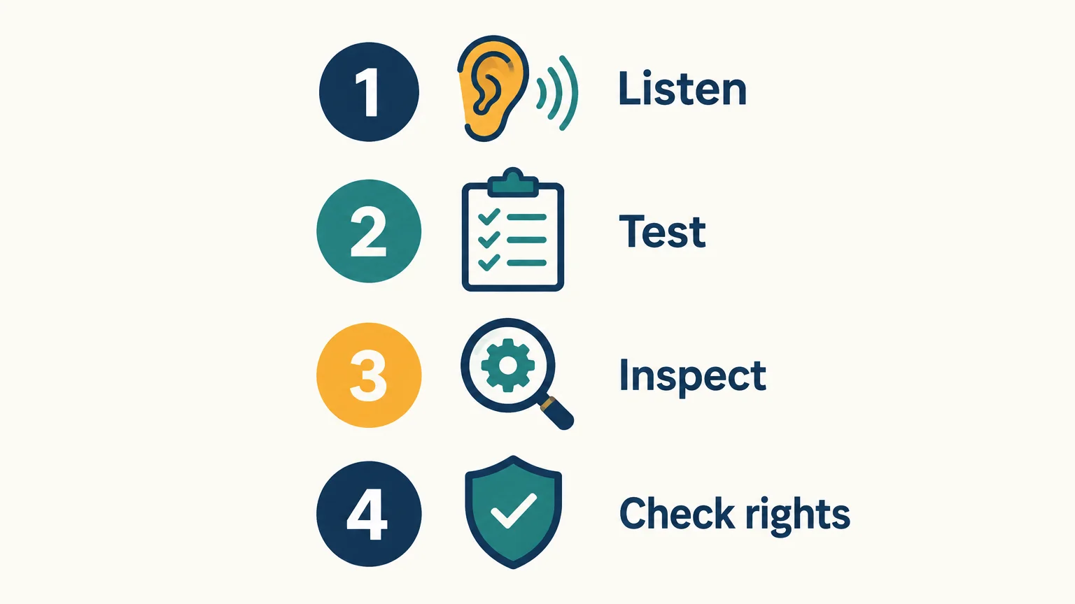 A four-step checklist for listening, testing, inspecting, and checking usage rights.