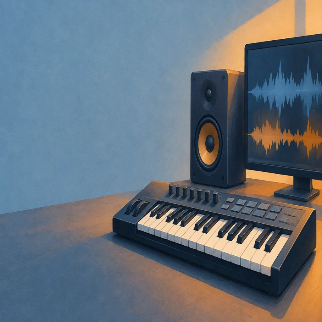 Synthesizer keyboard and studio monitor with abstract audio waves