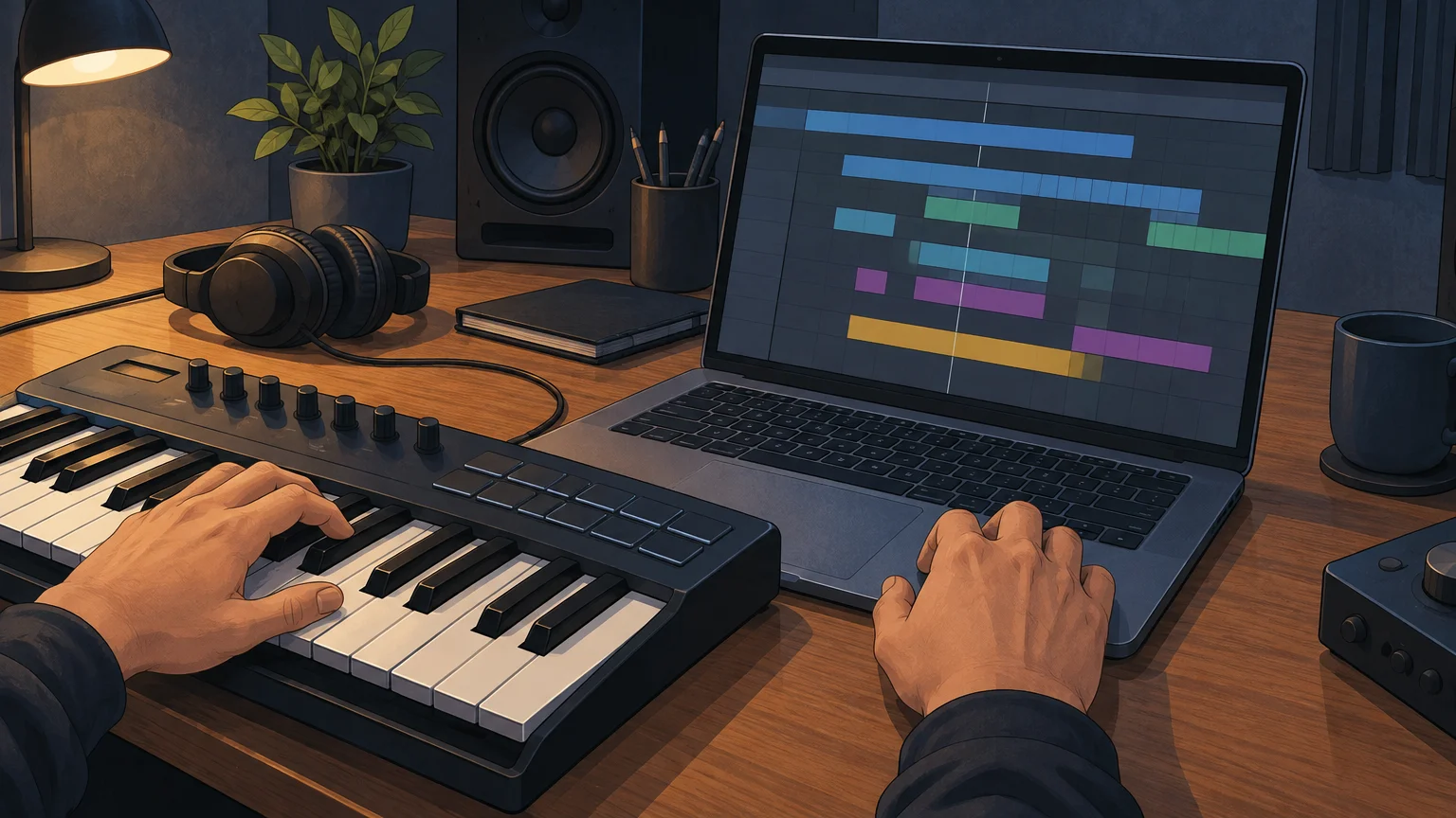 Producer checking a plugin installation beside a MIDI keyboard