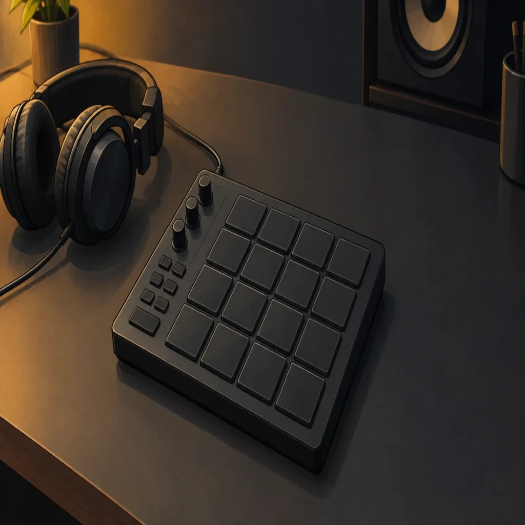 An unbranded drum pad controller and headphones on a producer’s studio desk