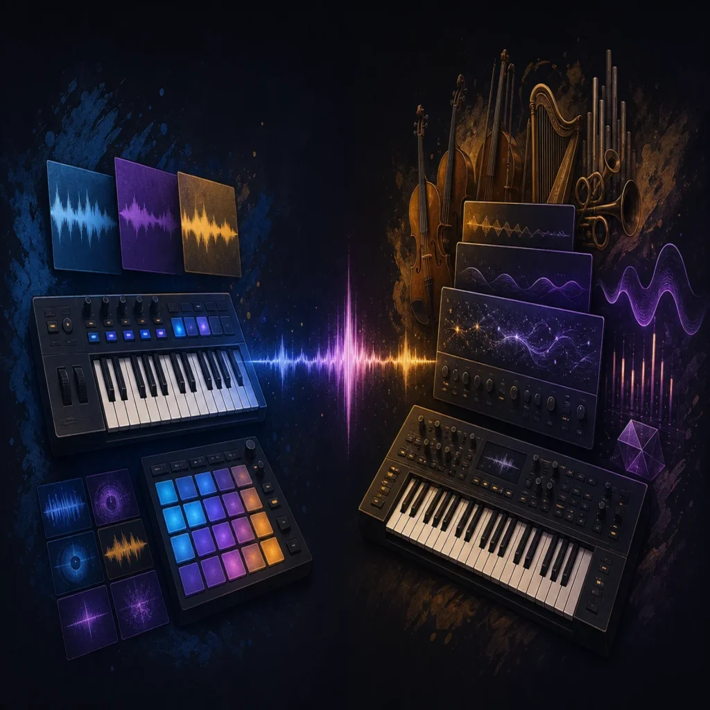 Editorial illustration comparing sample-based production with a broader virtual instrument workflow