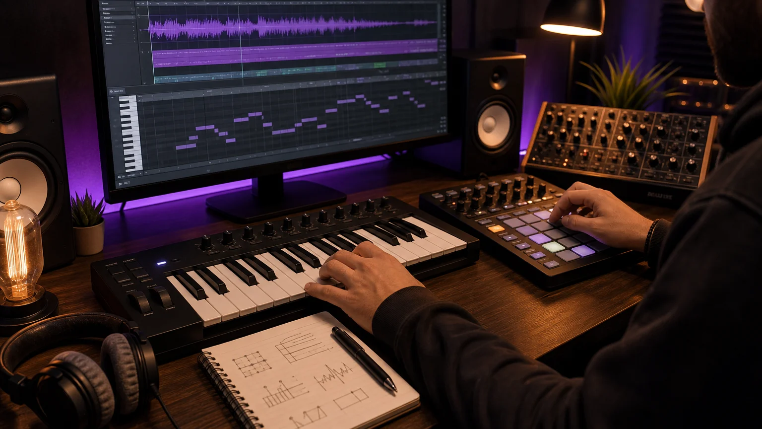 Producer shaping a beat with a MIDI keyboard, drum pads, and a generic waveform display