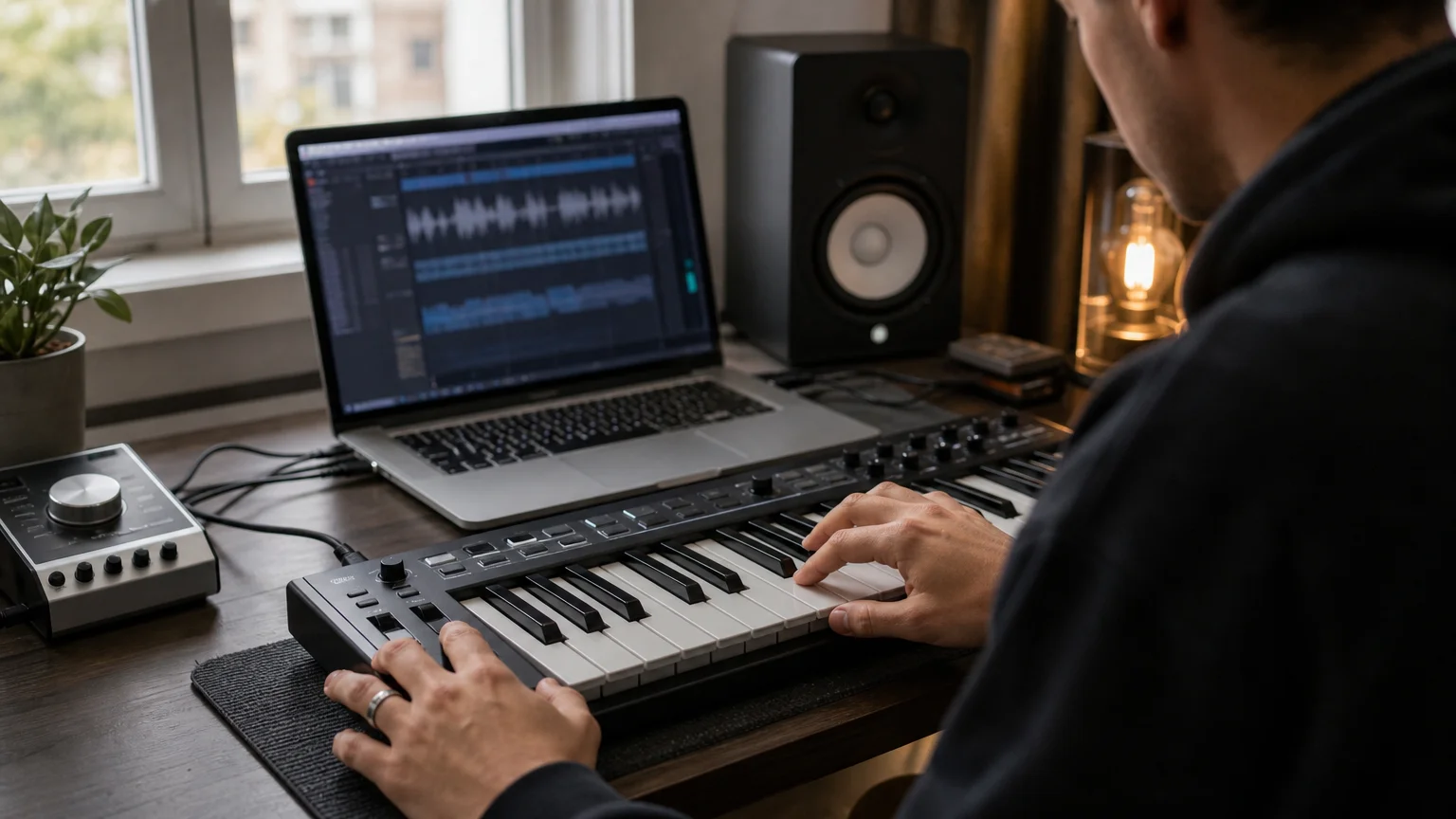 A producer auditioning a sound on a MIDI keyboard beside a laptop in a home studio.