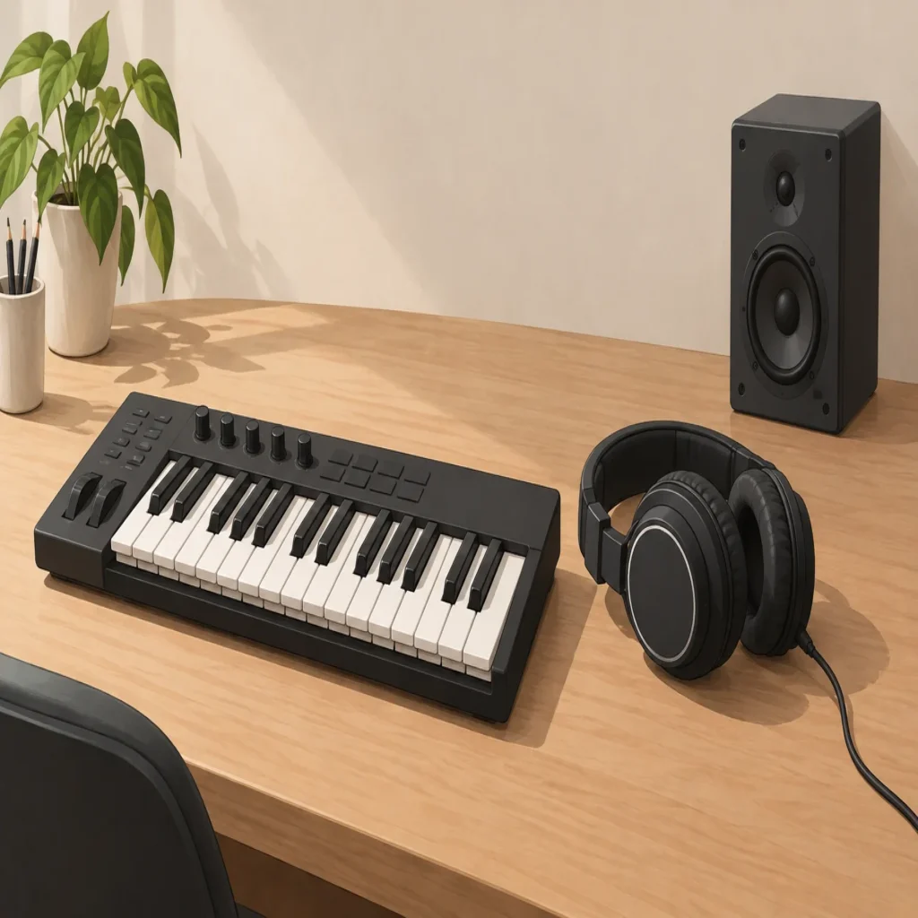 MIDI keyboard and headphones arranged for producing an 808 bassline