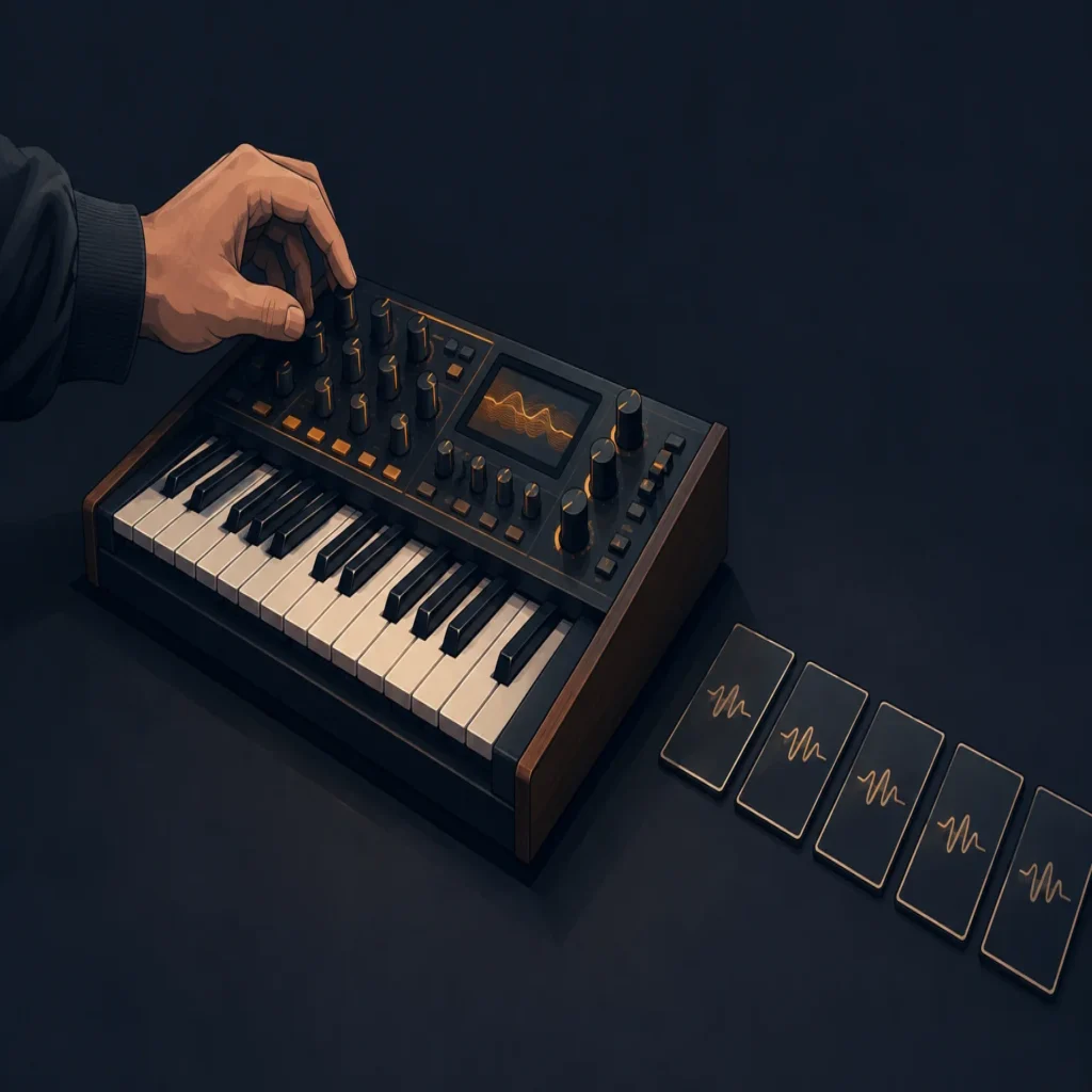 A producer considers repeated sound choices at a synthesizer.