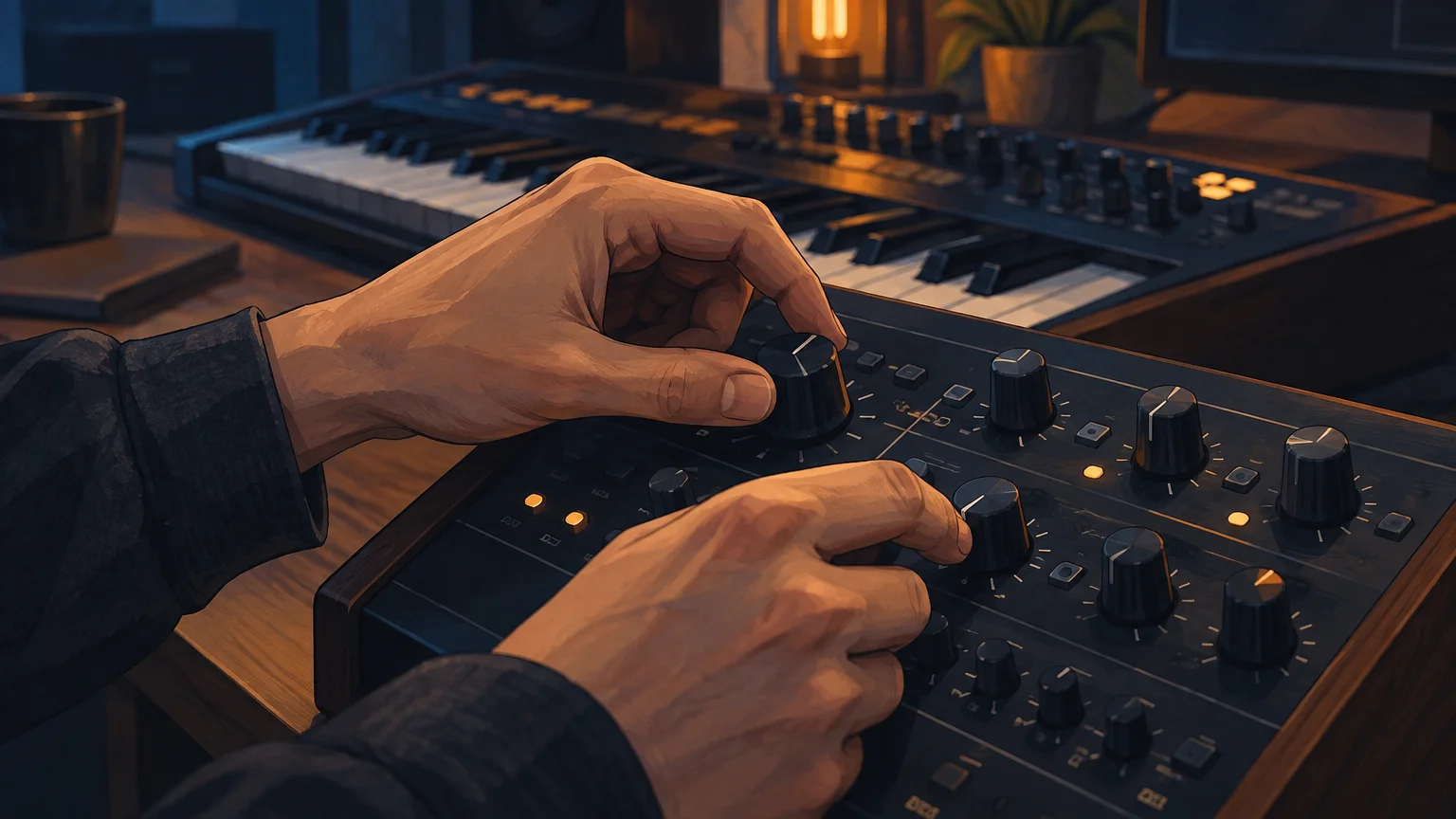 Hands adjust synthesizer controls beside a MIDI keyboard.