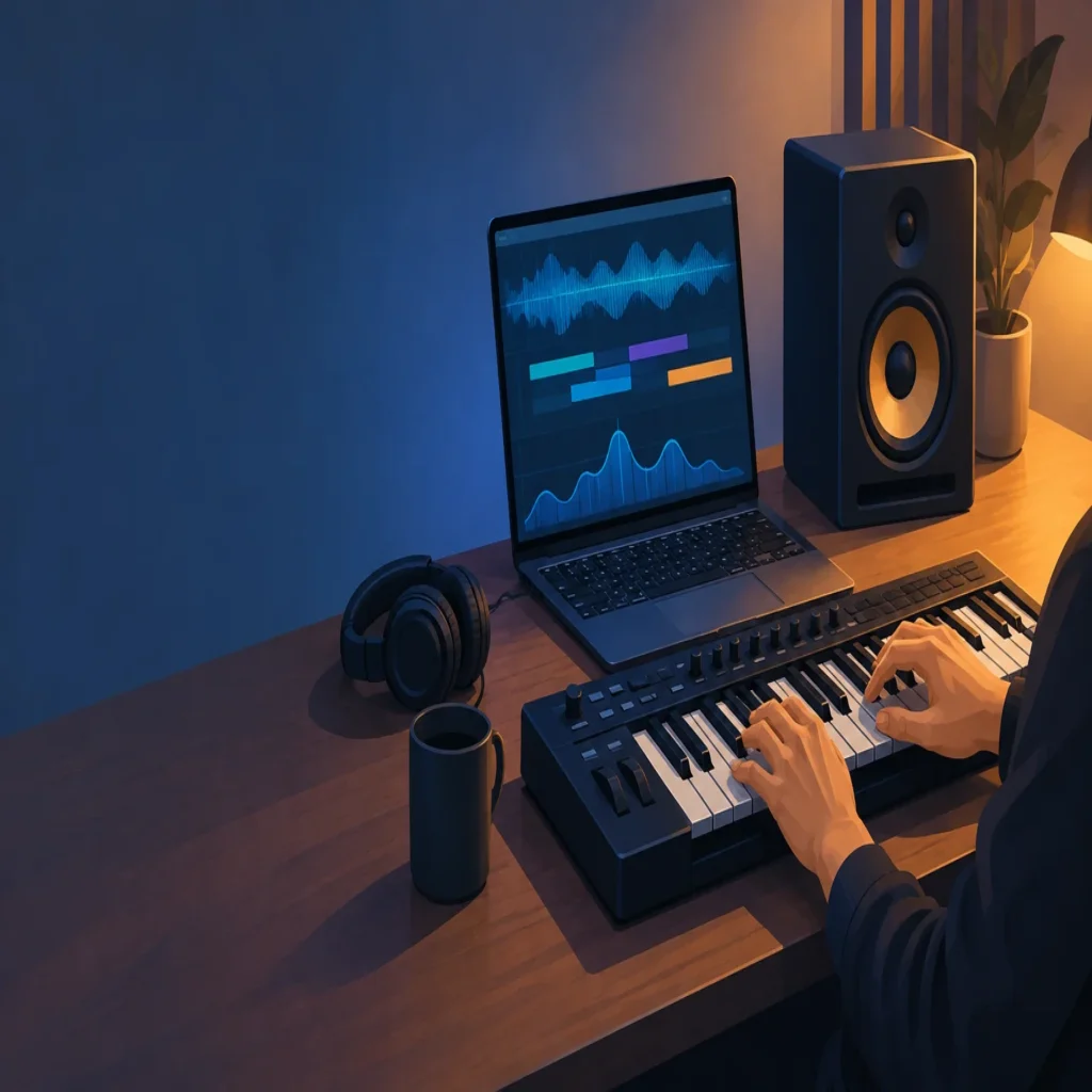 Editorial illustration of a music producer shaping a trap beat at a compact studio workstation