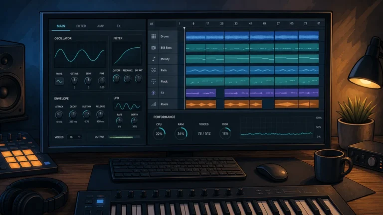 Editorial illustration of a lightweight synth patch supporting stable DAW processing.