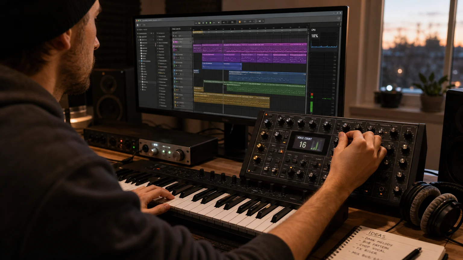 Producer testing synthesizer voice count in a busy DAW project.