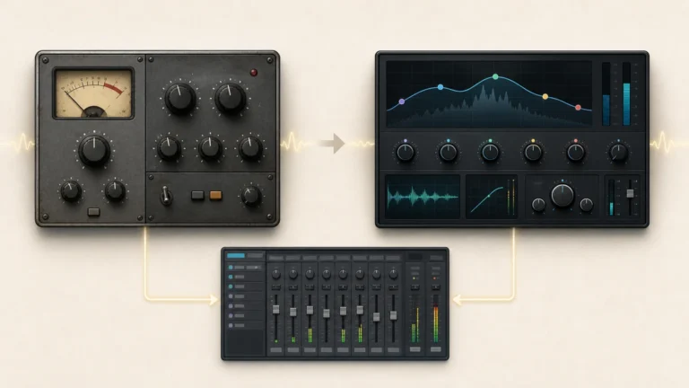 Two distinct audio plugin modules connected to a digital audio workstation mixer.