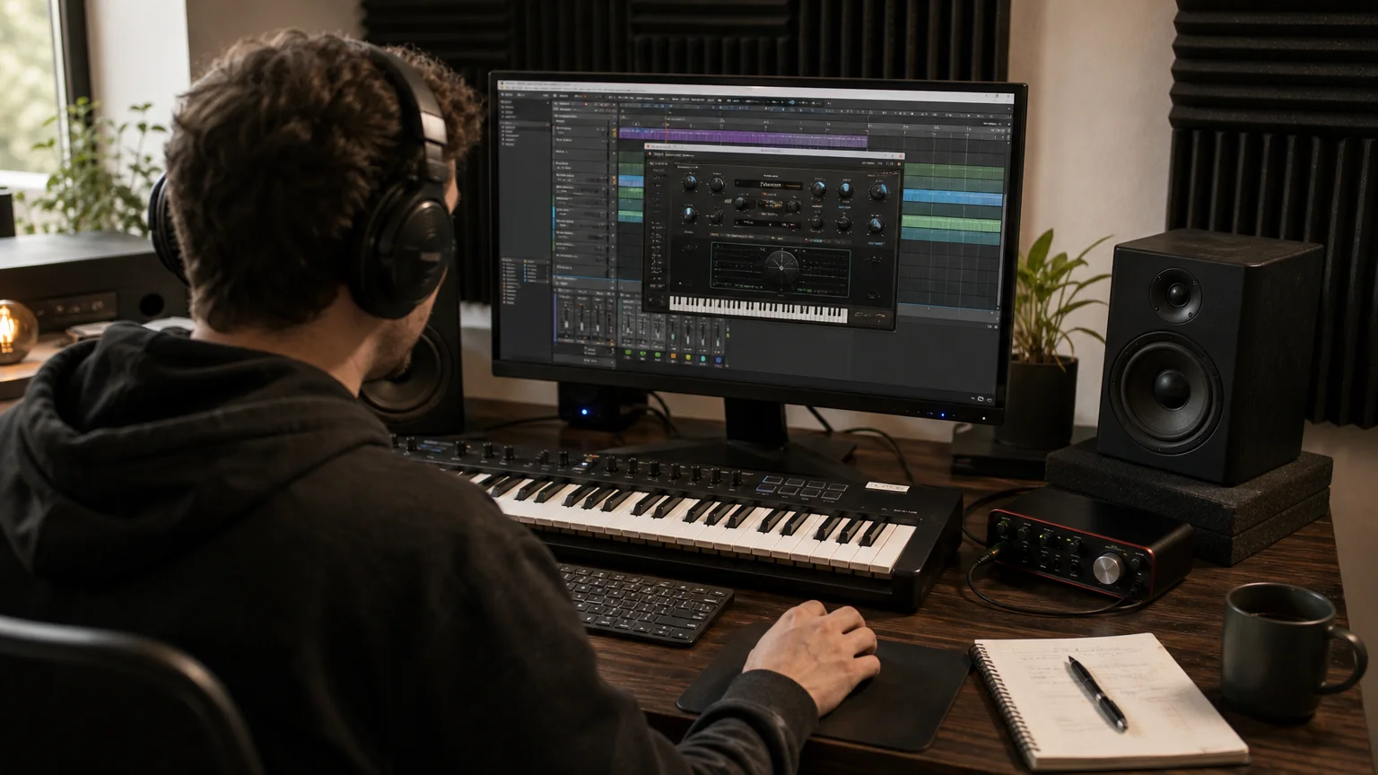 A music producer checks a plugin choice while working at a home studio desk.