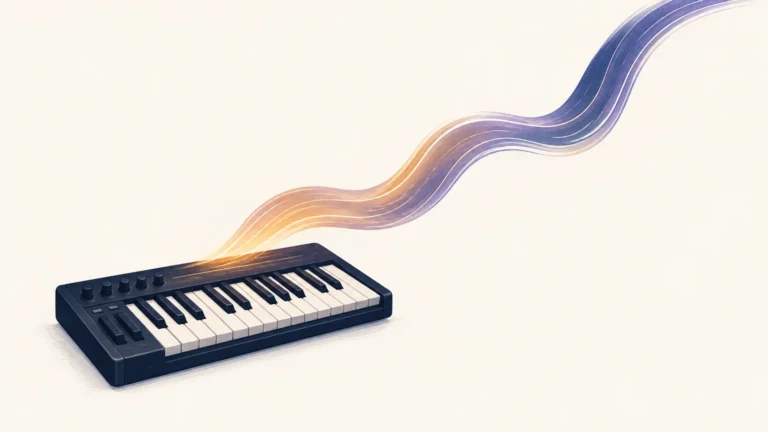 A MIDI keyboard with a luminous sound wave rising above it.