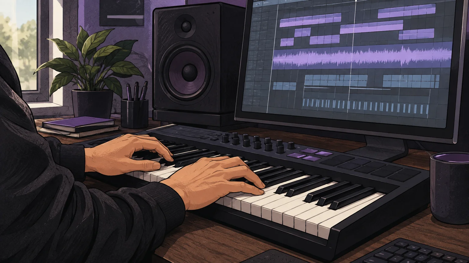 A producer’s hands playing a MIDI keyboard beside a computer with a generic audio arrangement.