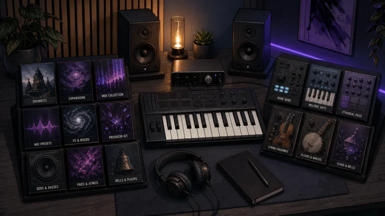Professional music production setup contrasting sample browsing with playable instruments