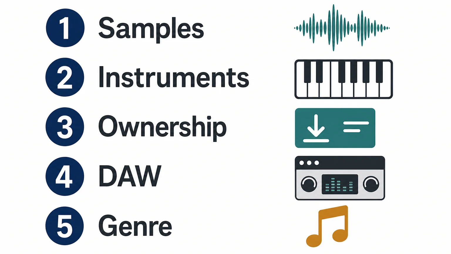 Checklist for choosing samples, instruments, ownership, DAW compatibility, and genre fit