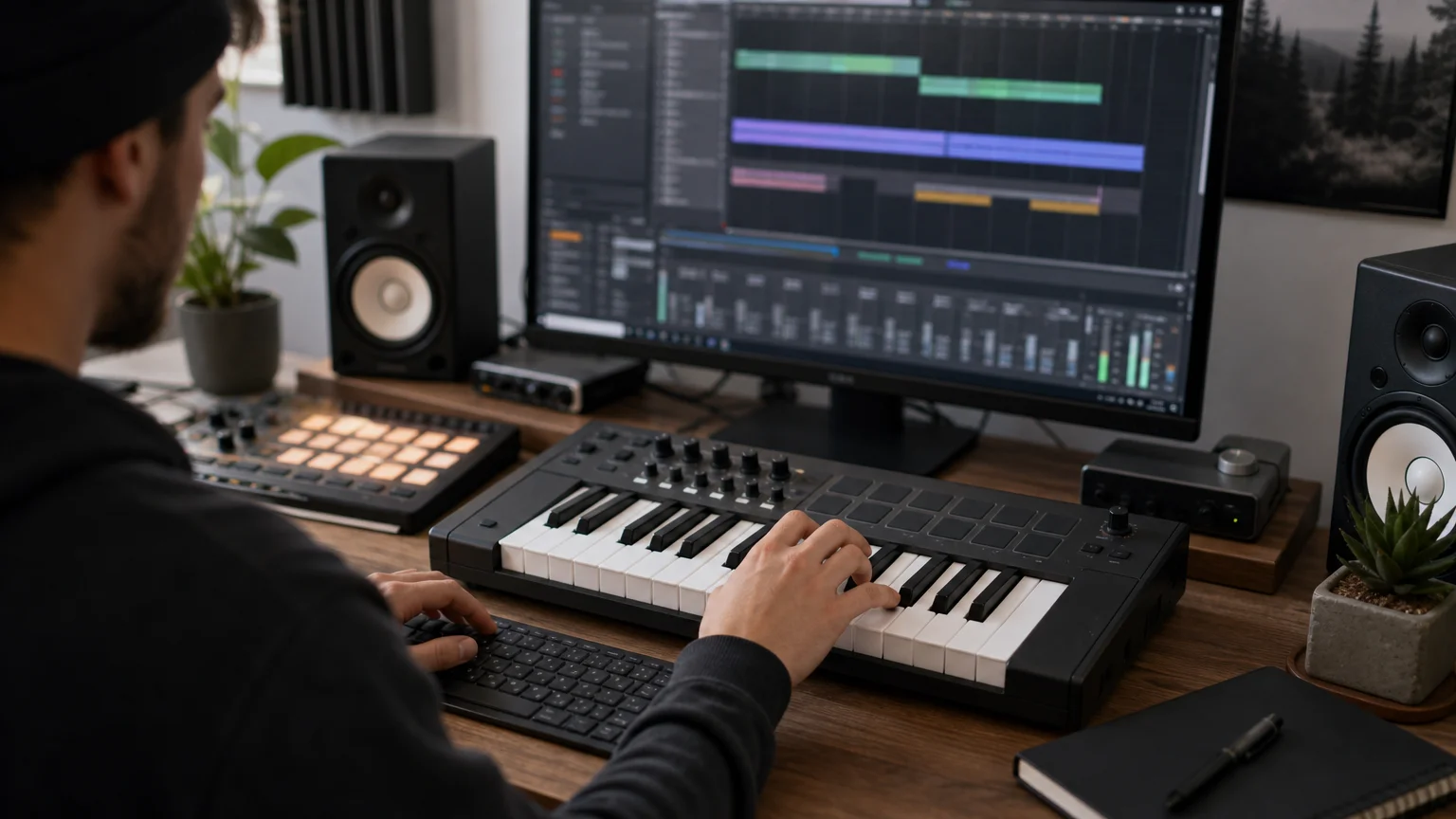 A producer auditioning notes on a MIDI keyboard during beatmaking