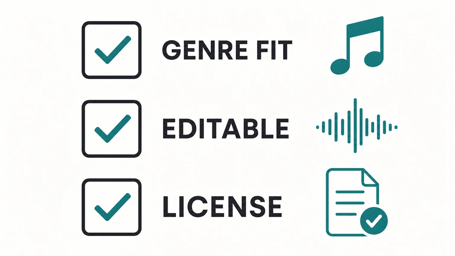 A three-point checklist for genre fit, editability, and licensing
