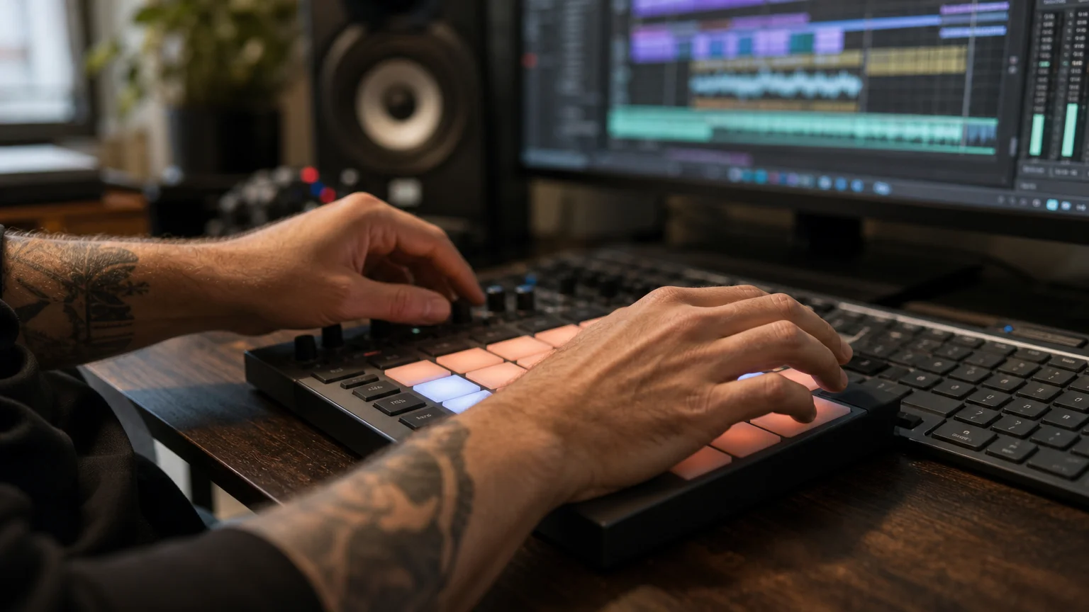 Producer’s hands auditioning a sample on a pad controller beside a computer keyboard.