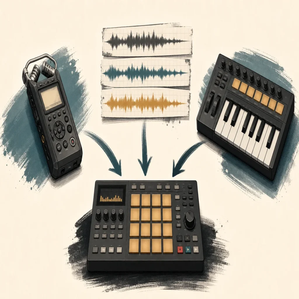 Editorial illustration of a field recorder, MIDI keyboard, and abstract audio waveform strips
