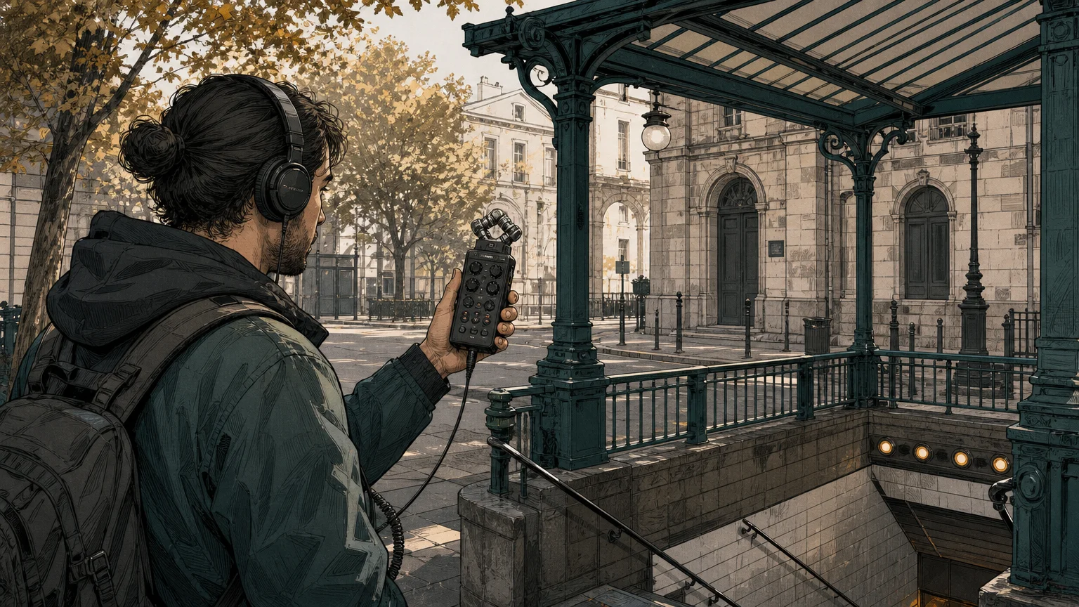 Sound designer recording urban ambience with a portable field recorder