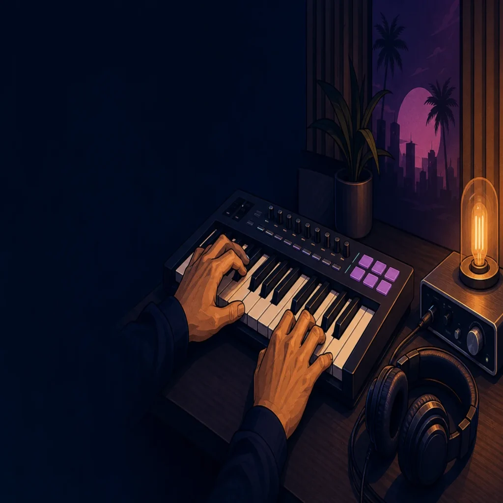 Editorial illustration of a producer working at a MIDI keyboard in a home studio.