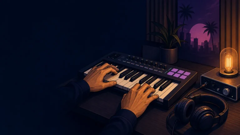 Editorial illustration of a producer working at a MIDI keyboard in a home studio.