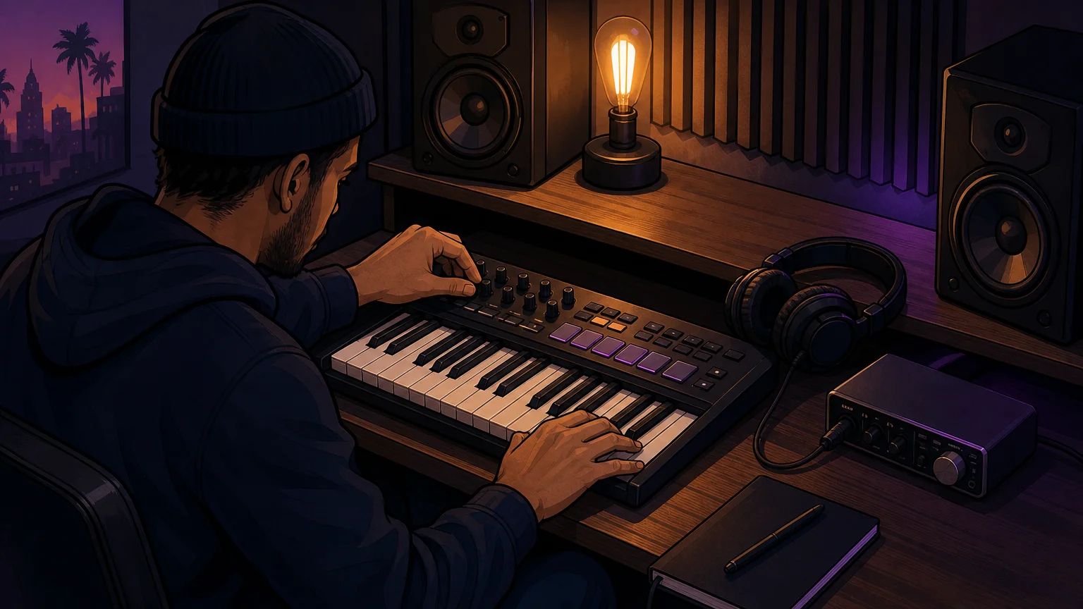 Editorial illustration of a beatmaker adjusting a MIDI keyboard in a compact home studio.