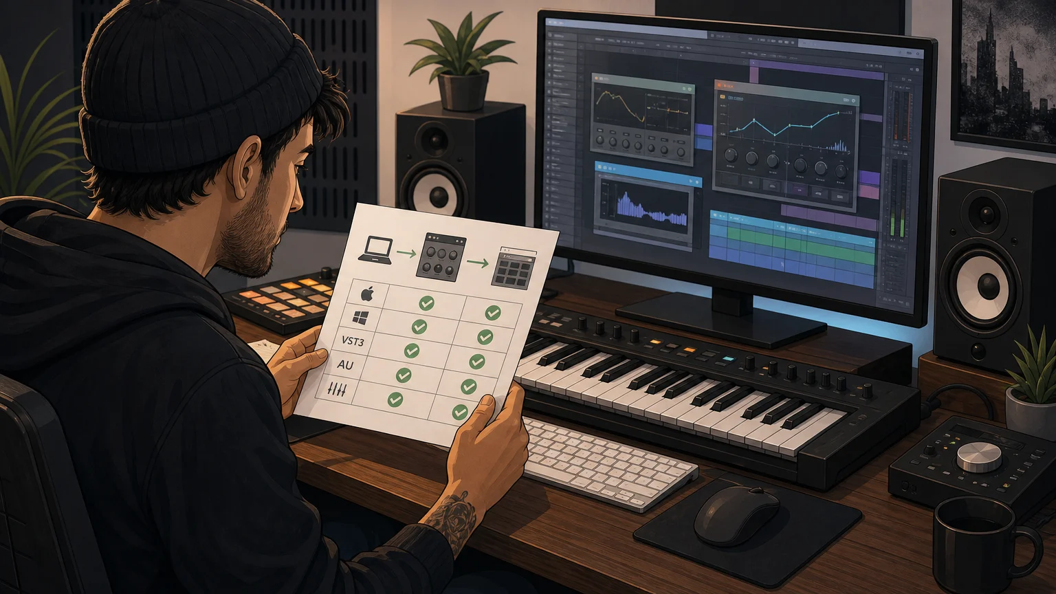 A producer checks a compatibility sheet at a music production desk