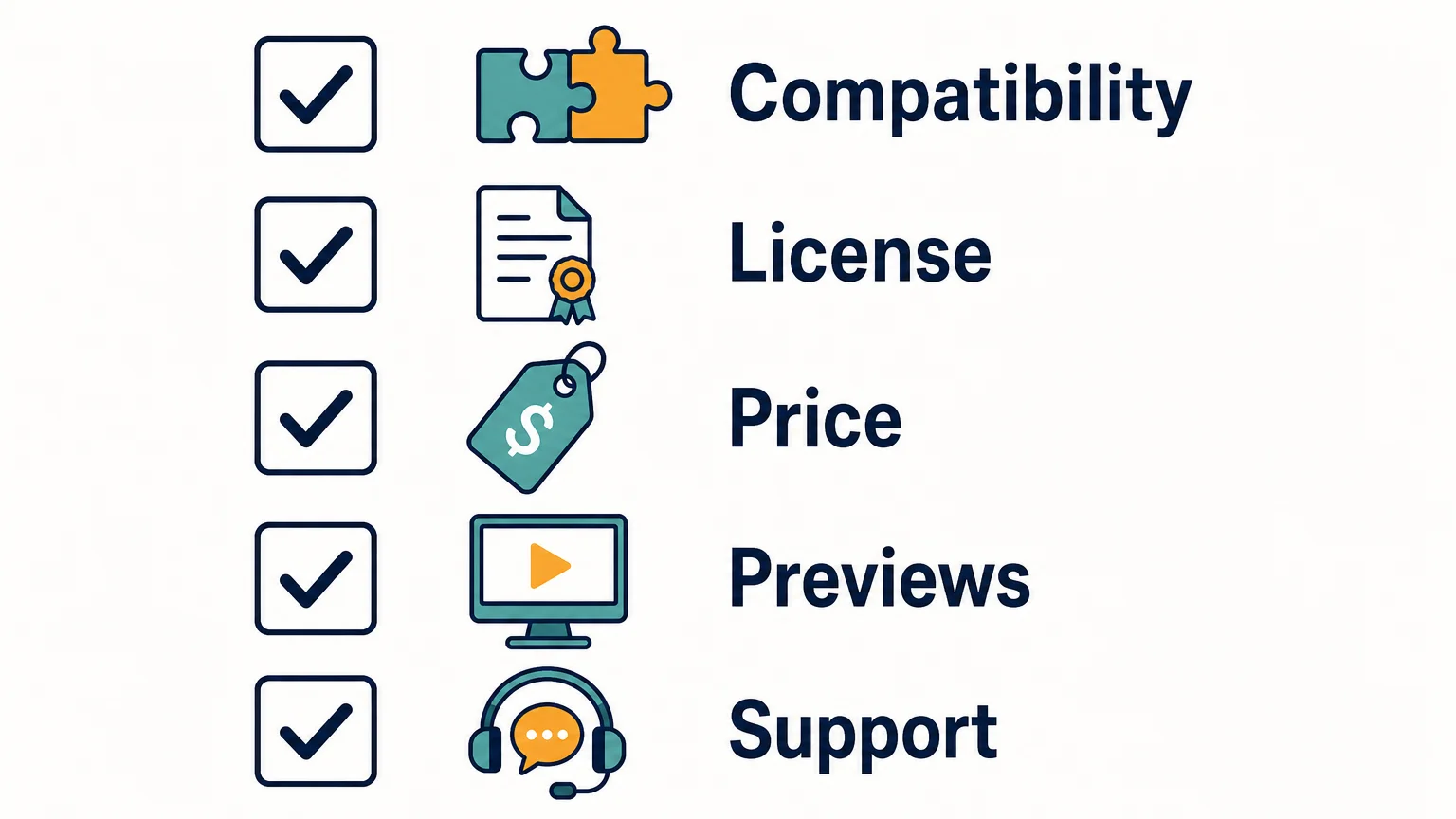 A five item checklist for compatibility, license, price, previews, and support