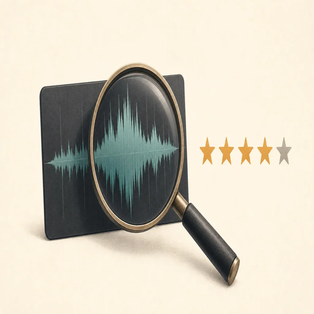 Editorial illustration of a sound waveform being examined beside a neutral star rating, representing careful sound bank reviews.