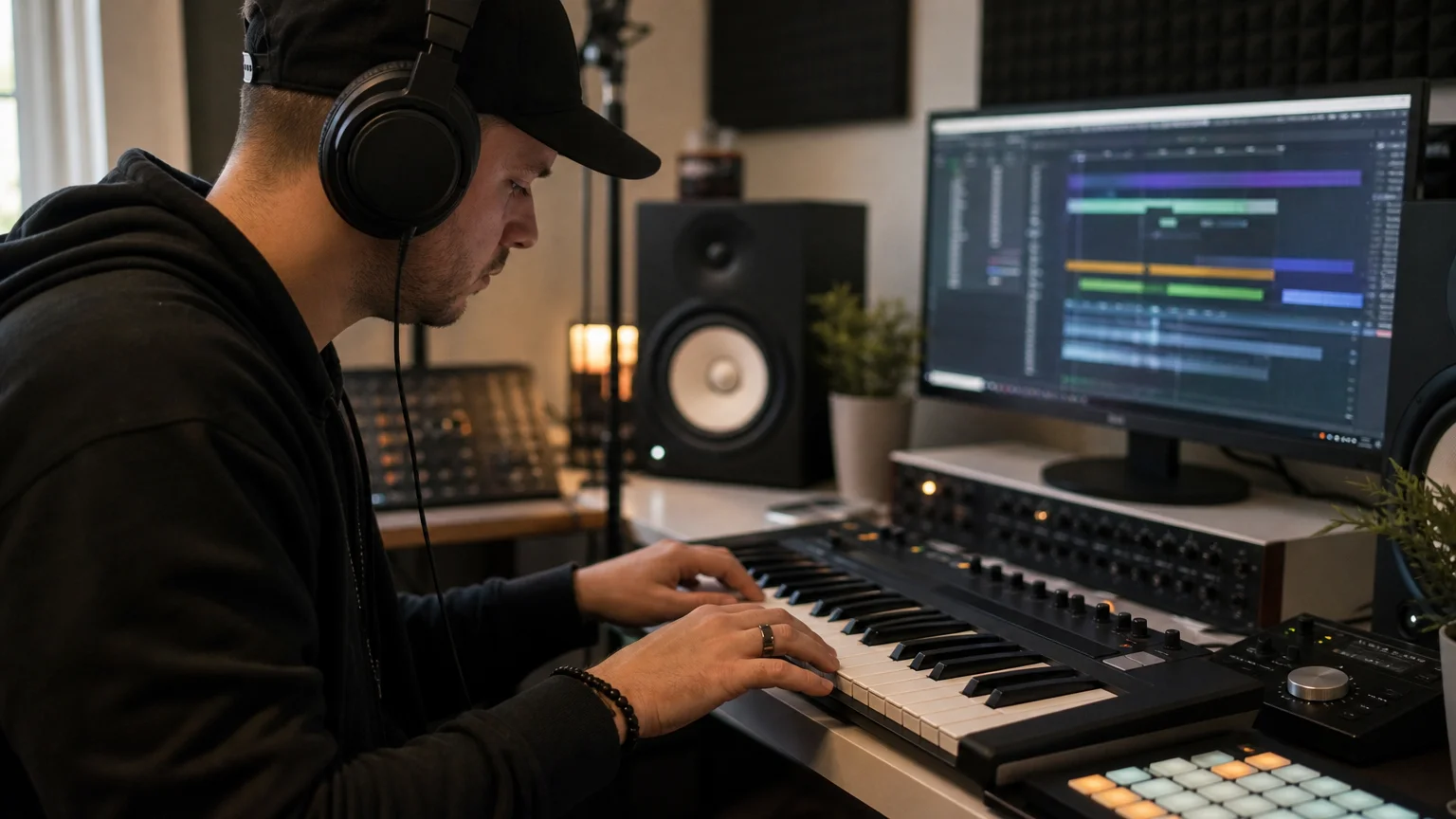 A producer auditions a sound on a MIDI keyboard while listening through headphones