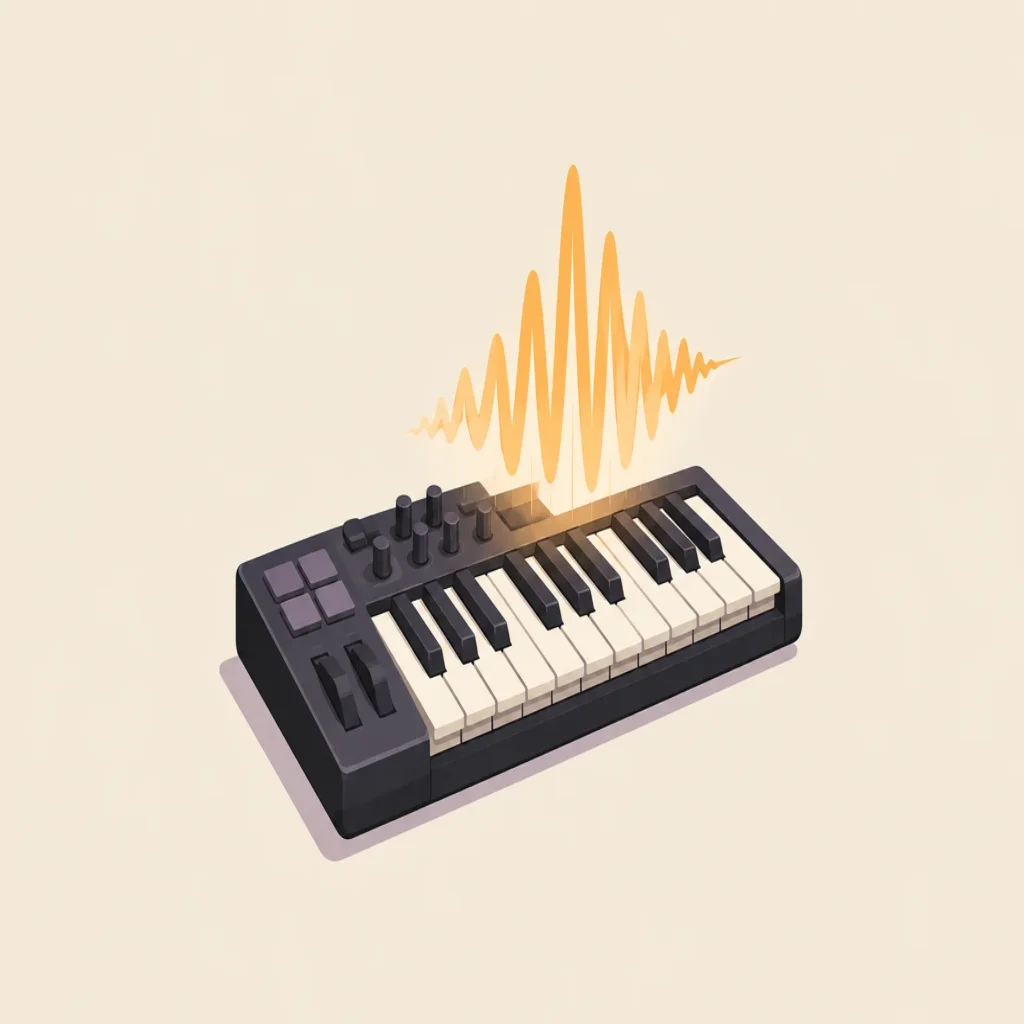 Editorial illustration of a MIDI keyboard with an amber melodic waveform