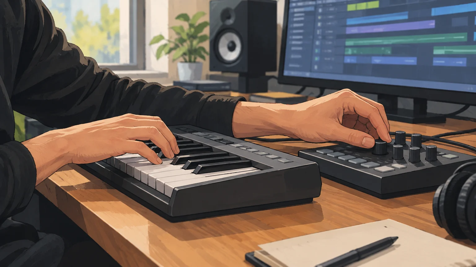 Producer auditioning a sound on a MIDI keyboard in a home studio