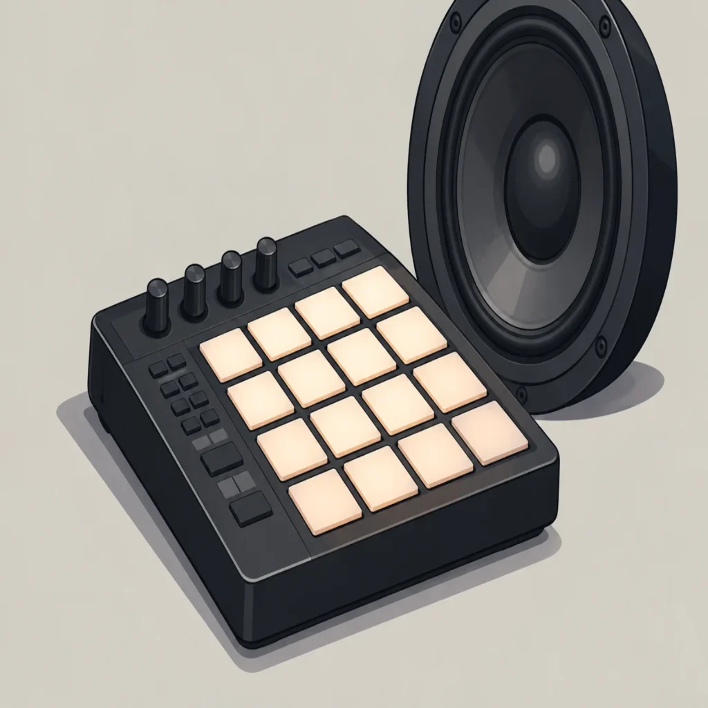 Unbranded MIDI drum pads and a studio speaker representing drum plugin choices