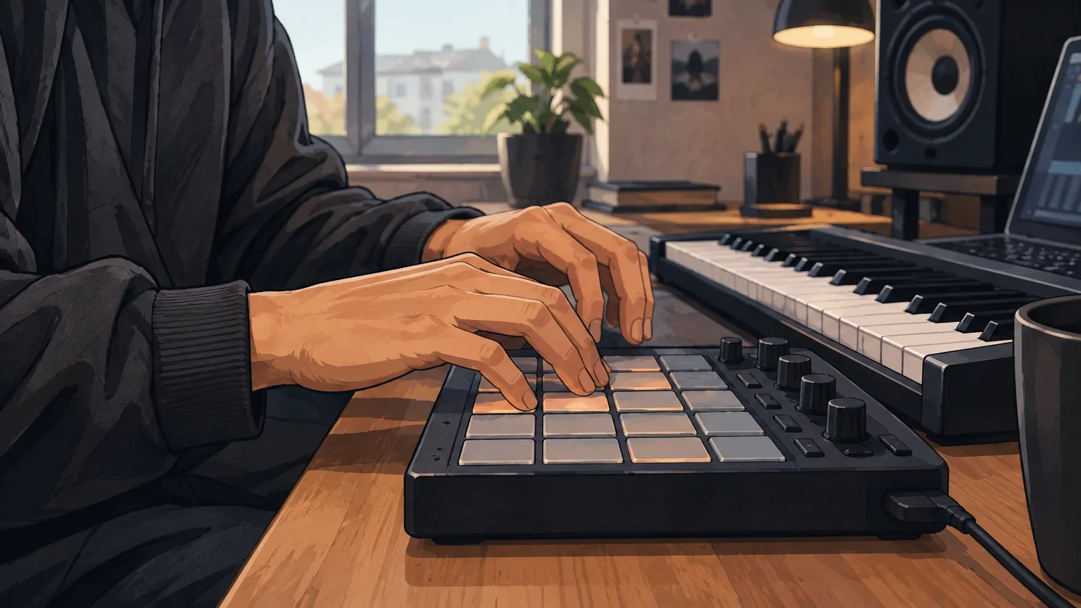 A producer tapping an unbranded MIDI pad controller in a home studio