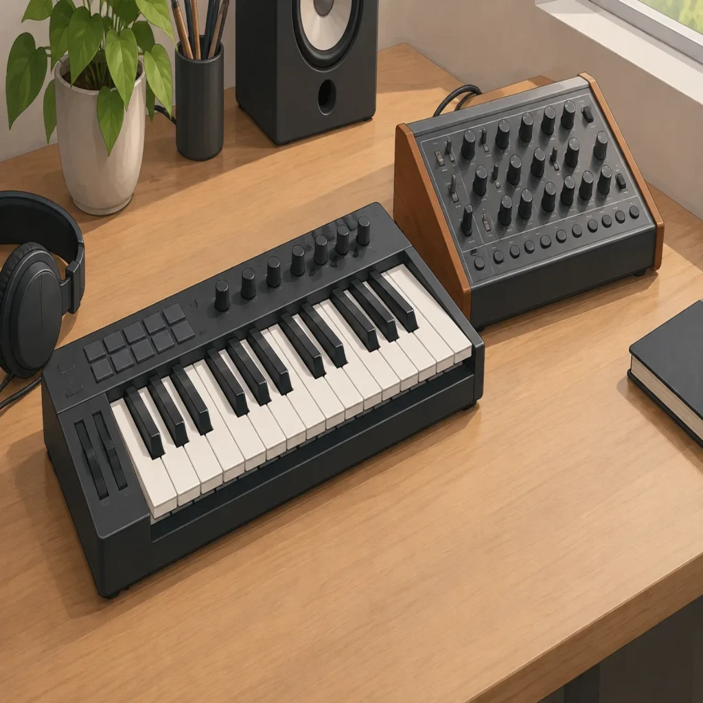 A MIDI keyboard and synthesizer arranged on a music-production desk