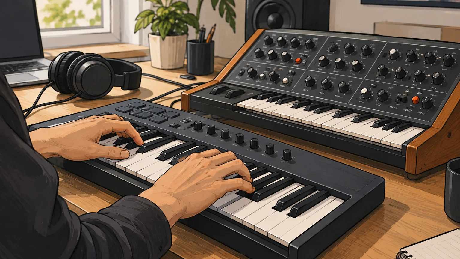 A beatmaker auditioning notes on a MIDI keyboard beside a synthesizer