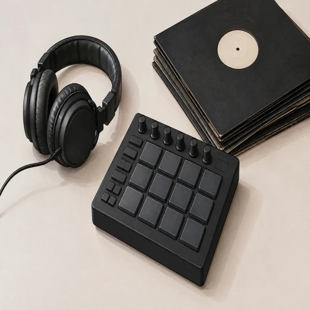 A drum pad controller, headphones, and vinyl records arranged for hip-hop beatmaking.