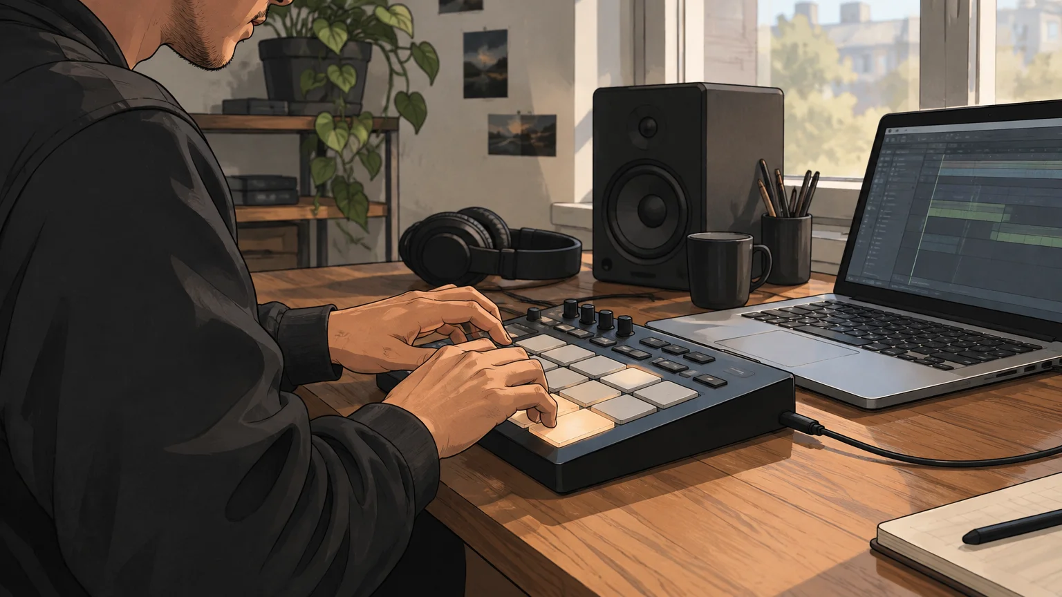 Hands programming a hip-hop drum pattern on a pad controller beside a laptop.